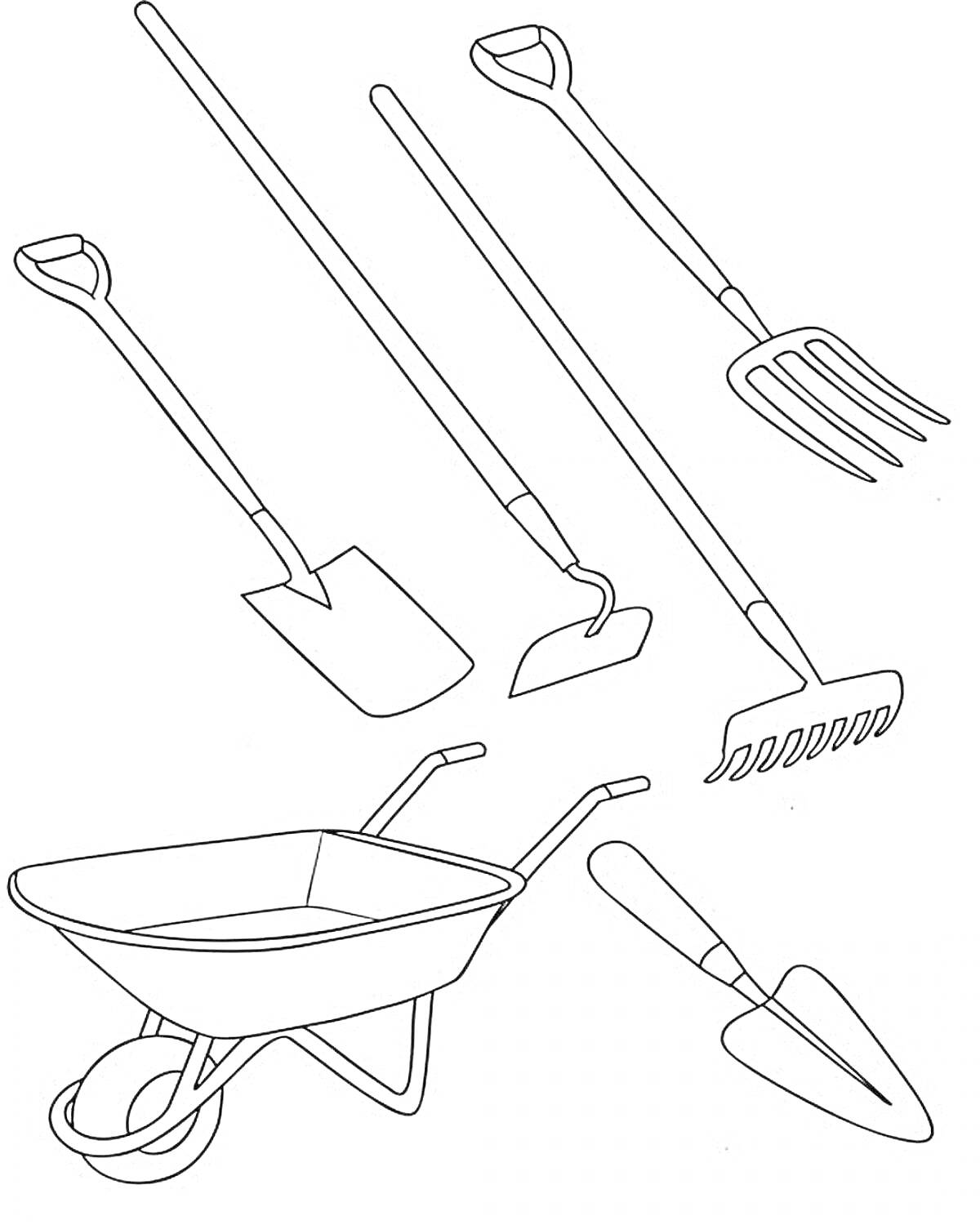 На раскраске изображено: Лопата, Вилы, Грабли, Садовые инструменты, Подготовительная группа