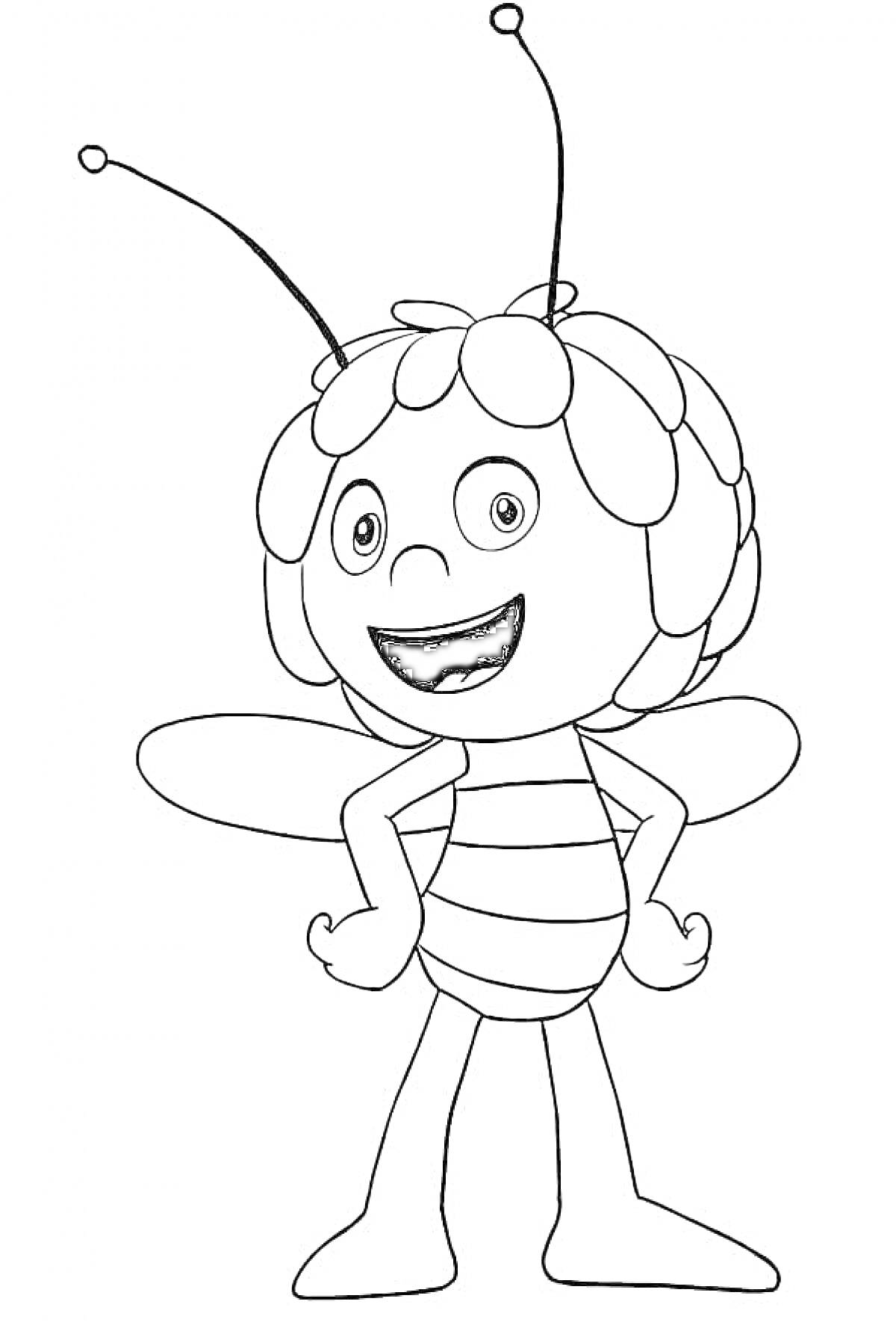 Раскраска Рисунок пчелки с улыбкой, с двумя антеннами, двумя крылышками и полосатым телом
