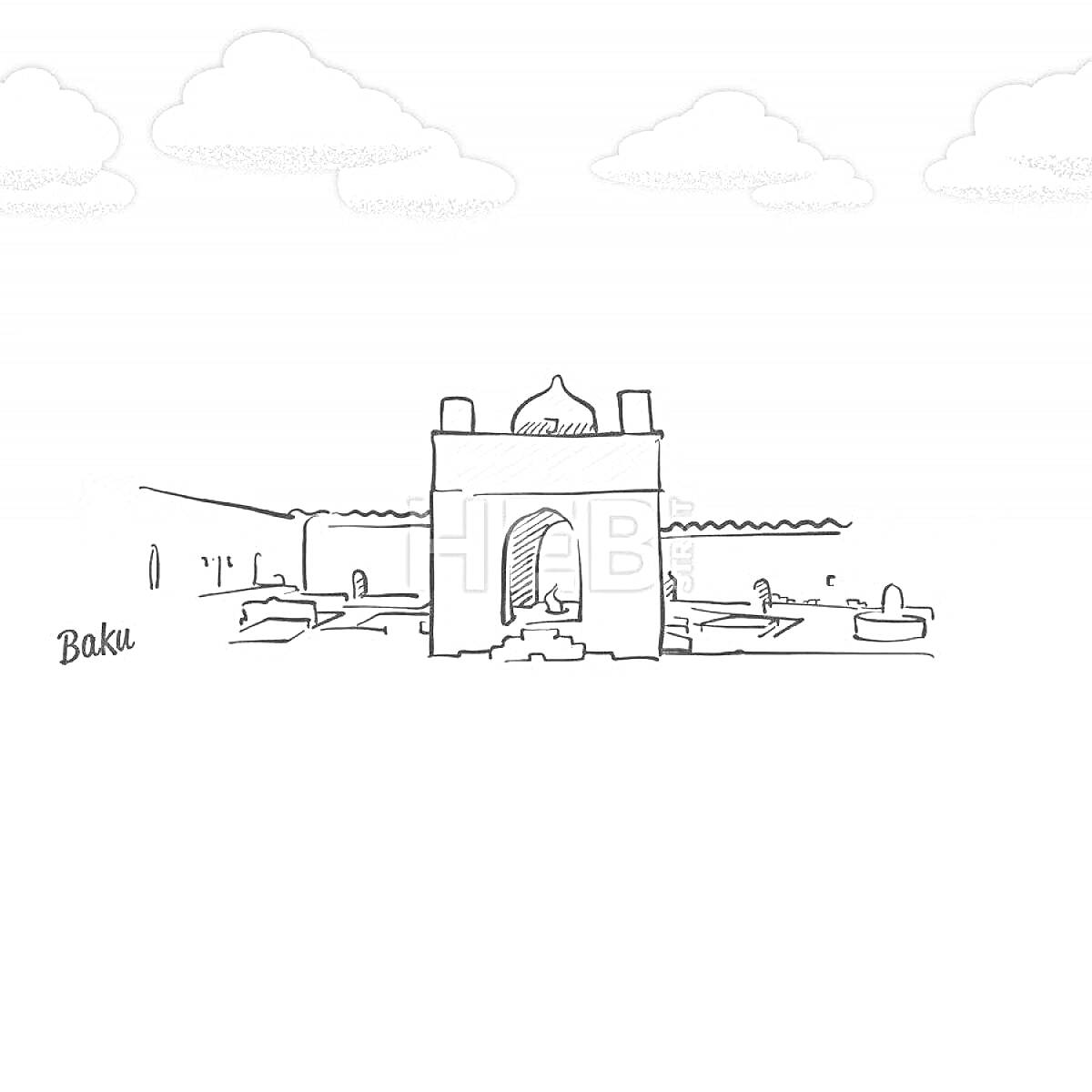 На раскраске изображено: Архитектура, Облака, Ворота, Азербайджан