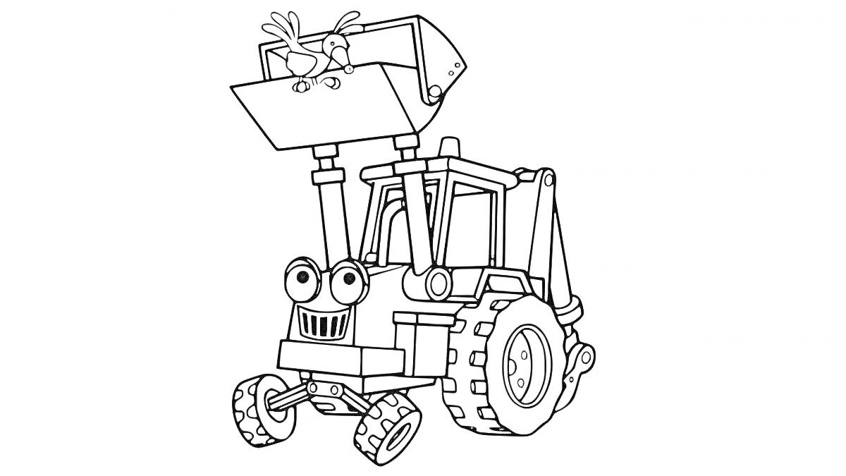 Раскраска Синий трактор с глазами и ковшом, весящим на поднятом подъемнике