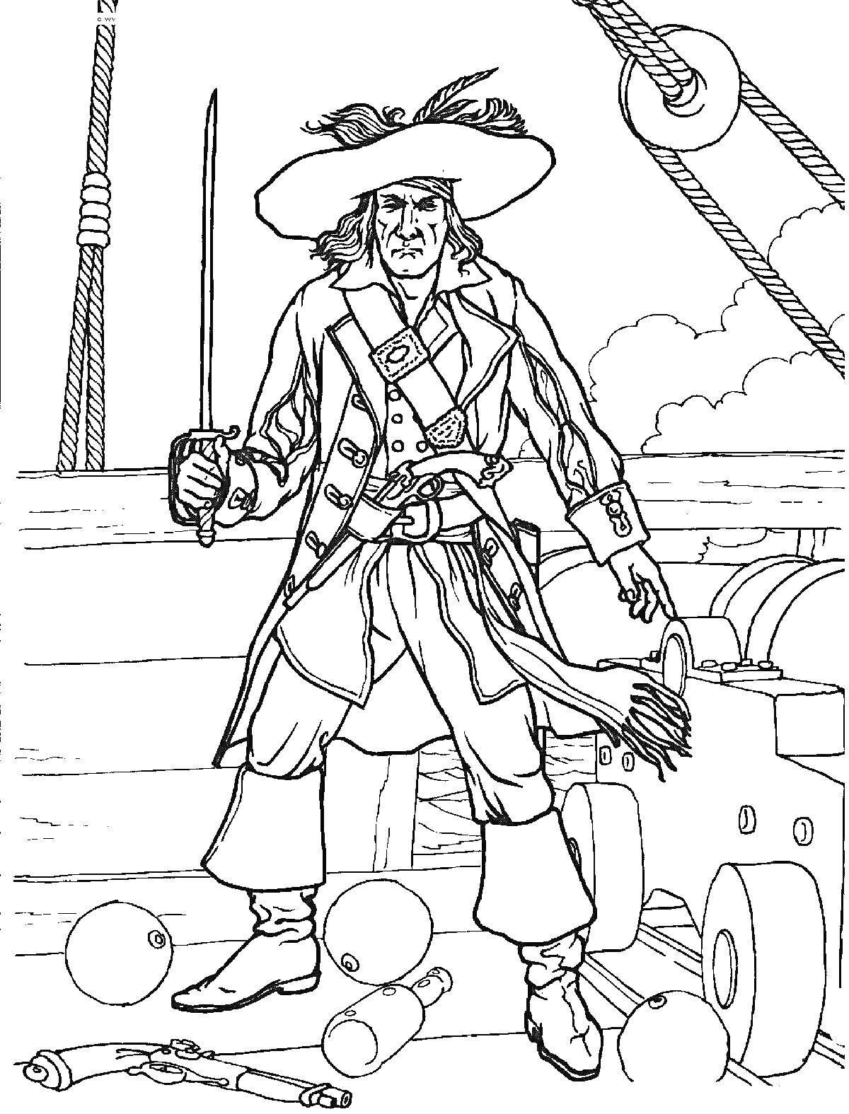 Раскраска Пират на корабле с саблей, пушками, пушечными ядрами и канатами