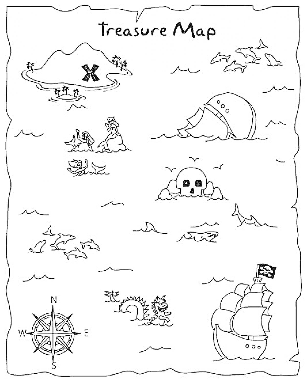 На раскраске изображено: Карта, Сокровища, Пиратский корабль, Остров, Череп, Затонувший корабль, Русалка, Компас, Чайки