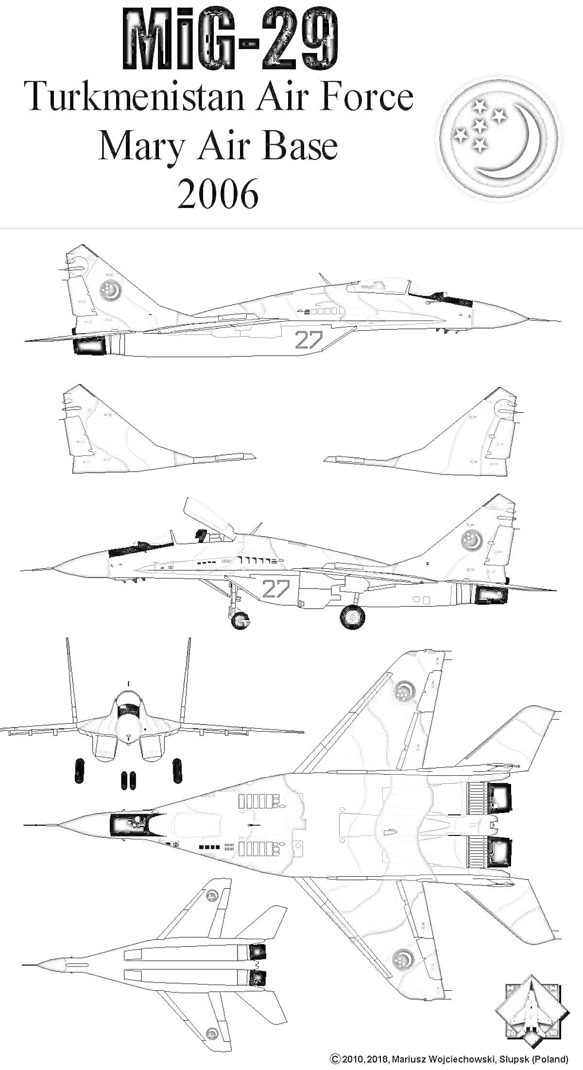 Раскраска МиГ-29 - Туркменистанские ВВС на базе Марый, 2006, вид сбоку, вид сверху, вид снизу, вид сзади