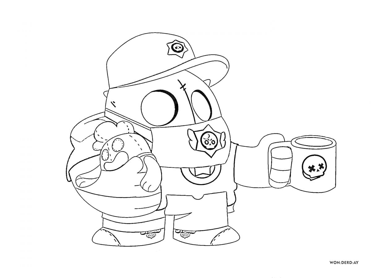 Раскраска Браво Старс Спайк в маске и кепке держит чашку с рисунком и плюшевого мишку