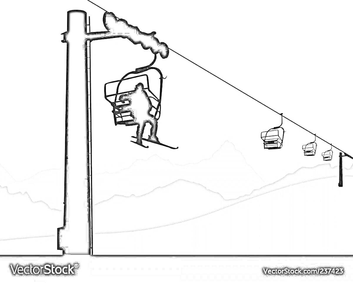 Раскраска Канатная дорога в горах с сидящим лыжником