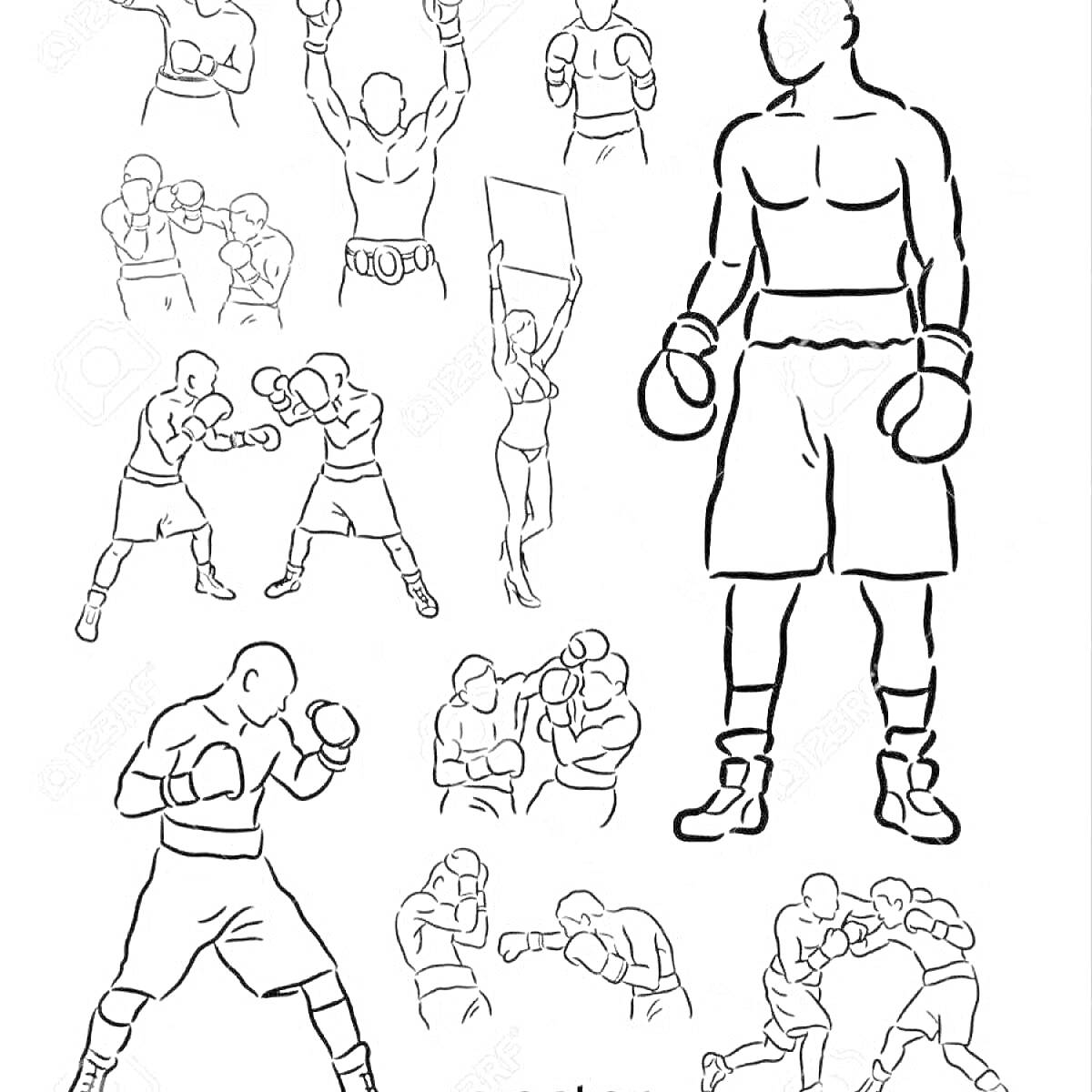 На раскраске изображено: Бокс, Тренер, Тренировка, Поединок, Табличка, Стойки, Ринг