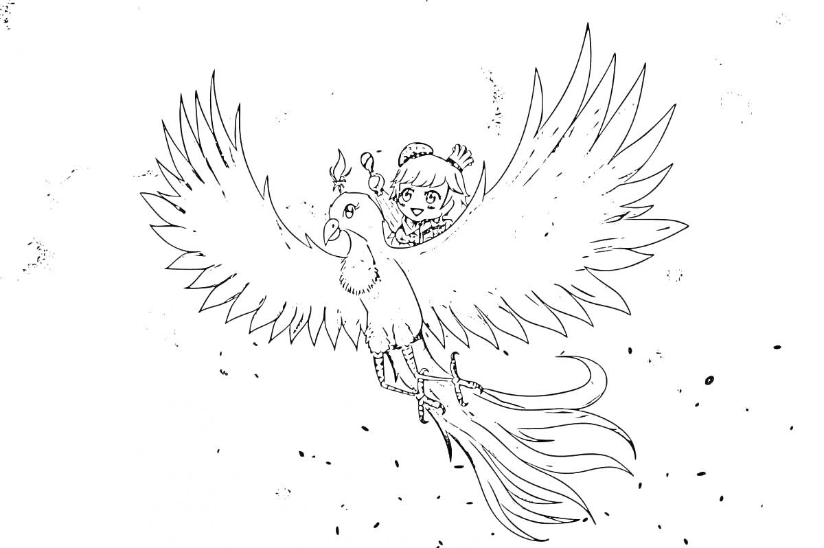 На раскраске изображено: Феникс, Девочка, Крылья, Фантазия, Полет, Волшебство, Мифические существа