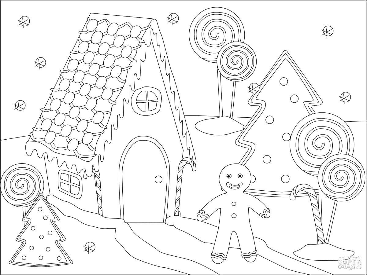 На раскраске изображено: Пряничный домик, Елки, Леденцы, Снег, Зима, Сладости, Пряничные человечки