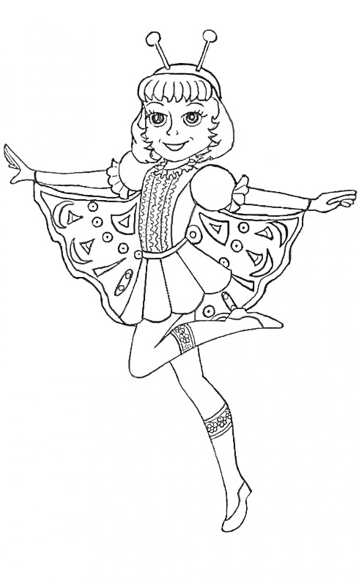 Раскраска Девочка в новогоднем костюме бабочки с антеннами на голове, крыльями с узором и нарядным платьем с узорами и пышными рукавами.