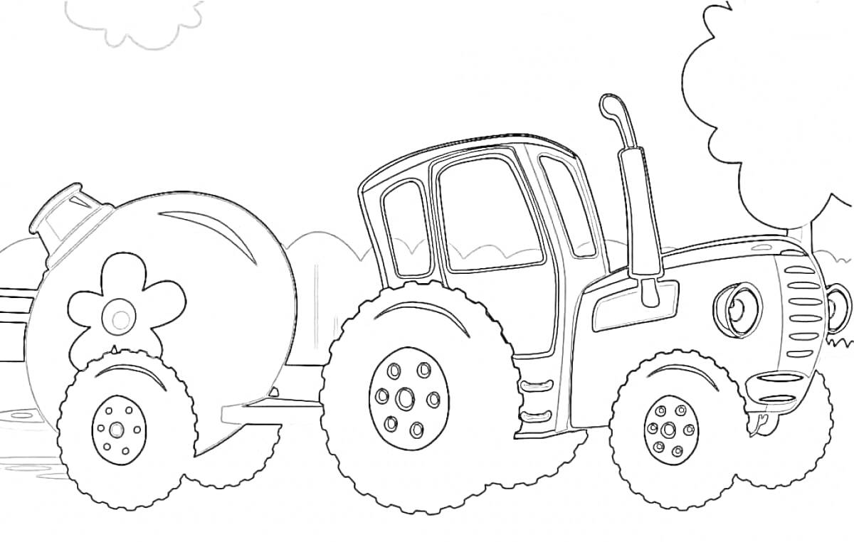 Раскраска Трактор с цистерной на колесах, большие колеса, дерево и облака на заднем плане