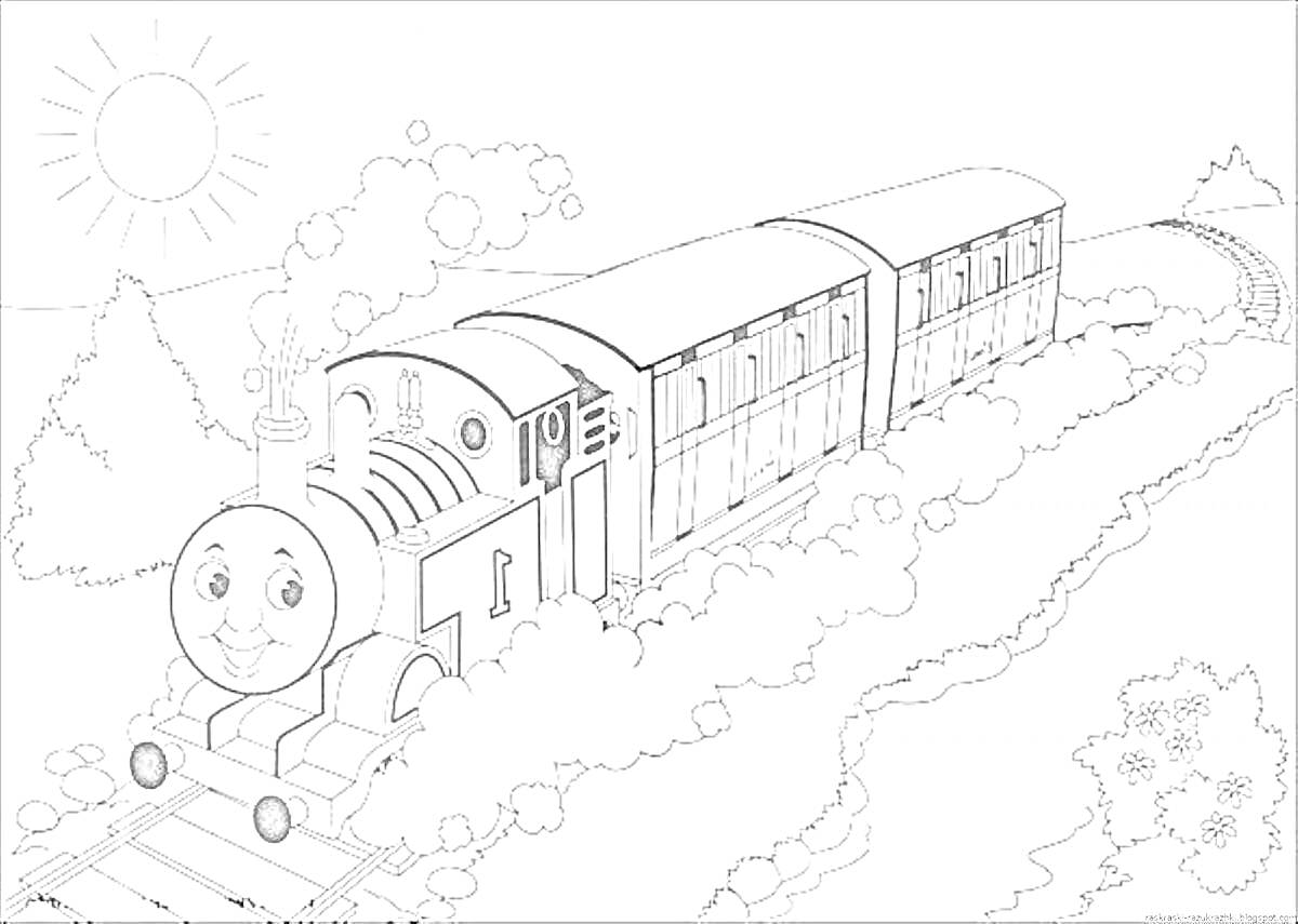 На раскраске изображено: Поезд, Рельсы, Вагоны, Деревья, Кусты, Холмы, Солнце, Природа, Для детей