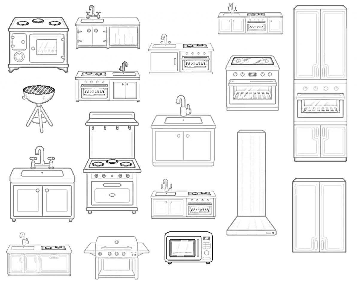 На раскраске изображено: Плита, Раковина, Духовка, Шкаф, Вытяжка, Барбекю, Кухонные принадлежности, Кухня