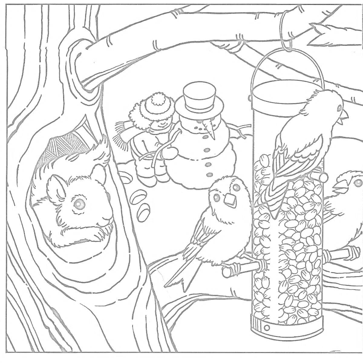 Раскраска Дупло с белкой, кормушка с птицами и снеговик с детьми зимой