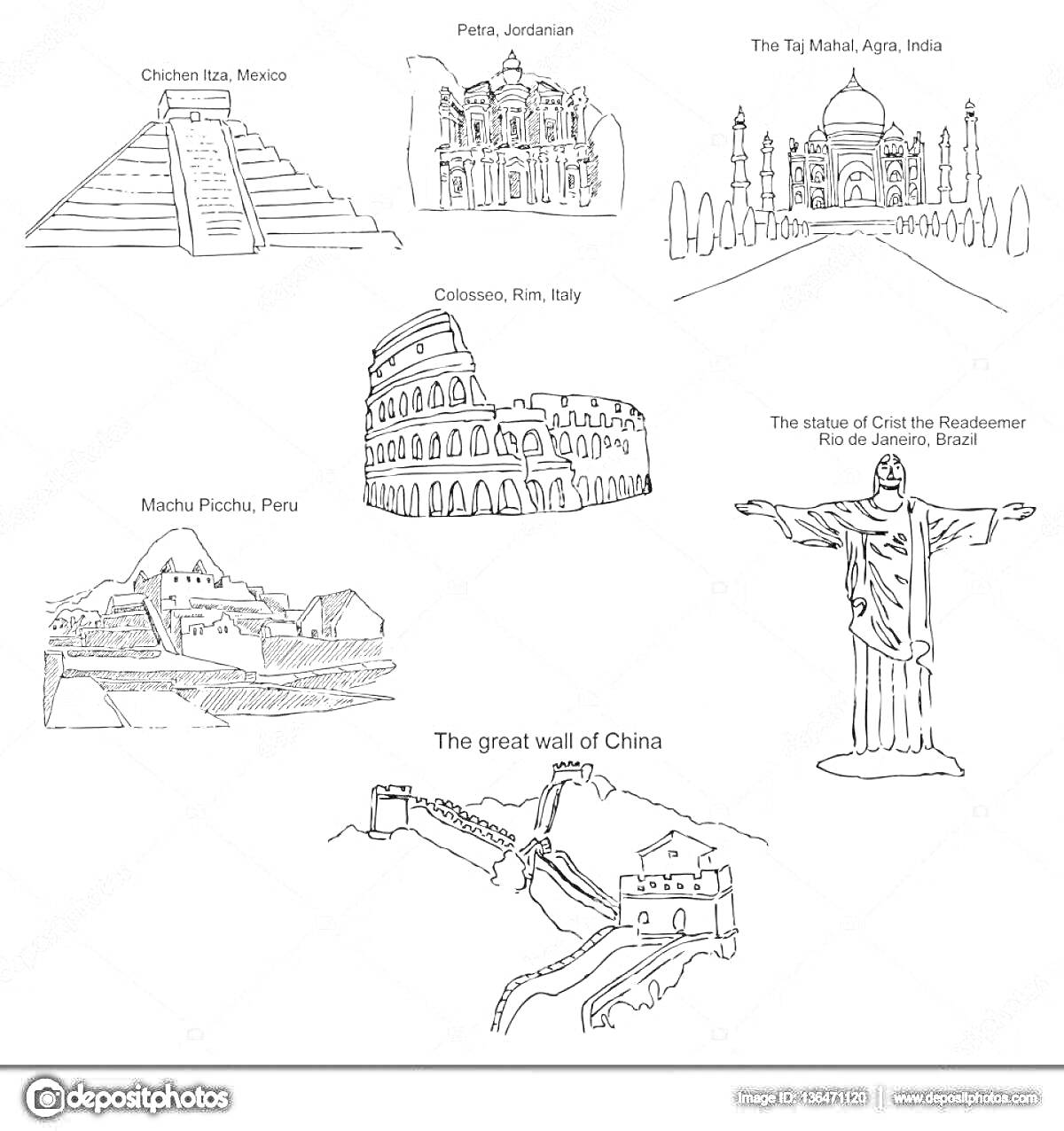 Раскраска Названия и изображения Чичен-Ица (Мексика), Петра (Иордания), Тадж-Махал (Агра, Индия), Колизей (Рим, Италия), Мачу-Пикчу (Перу), статуя Христа-Искупителя (Рио-де-Жанейро, Бразилия), Великая Китайская стена (Китай)