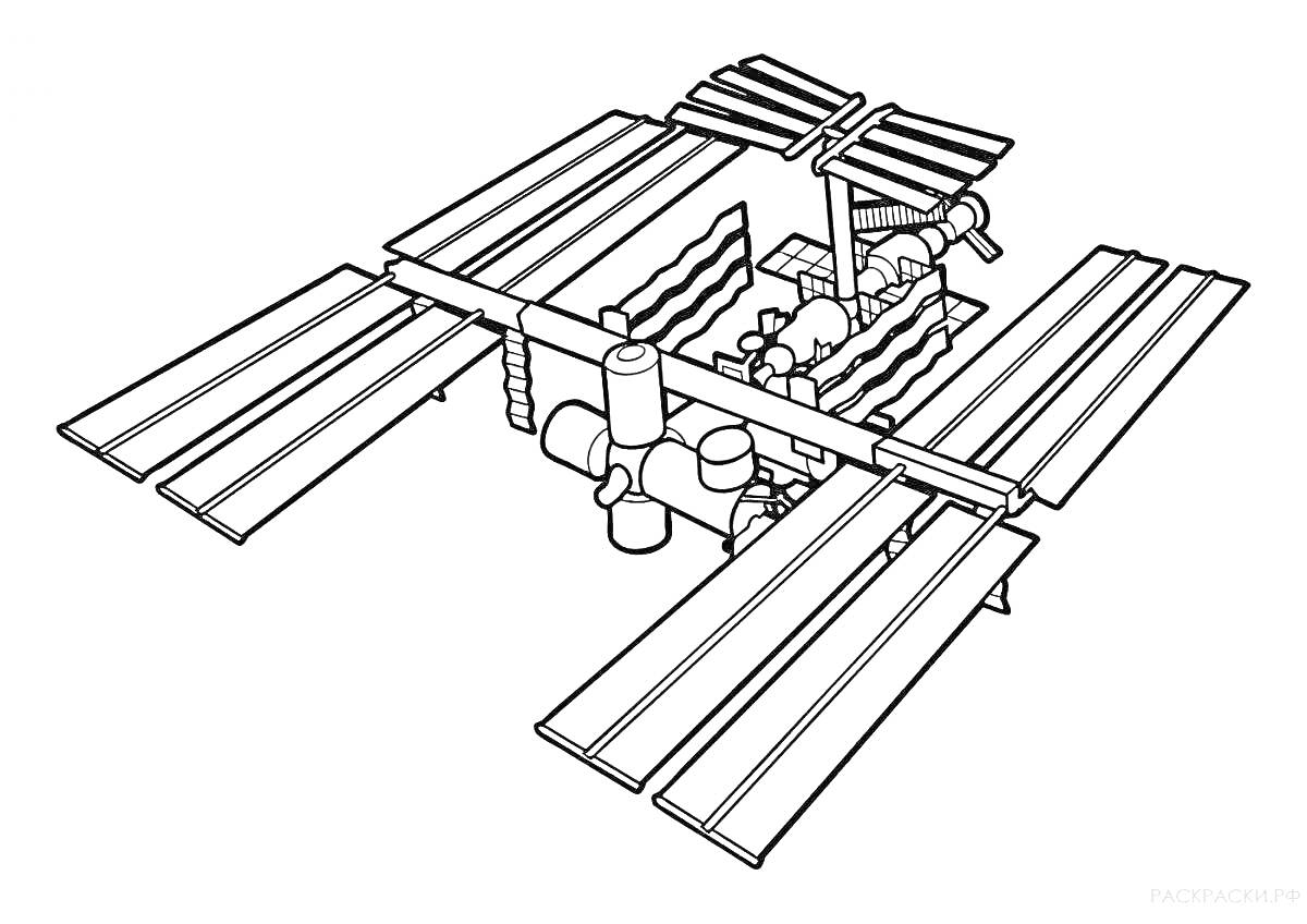 Раскраска Международная космическая станция с солнечными панелями и модулями