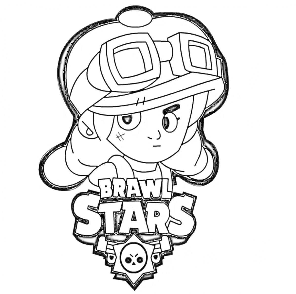 Раскраска Персонаж из игры Brawl Stars в очках, логотип игры