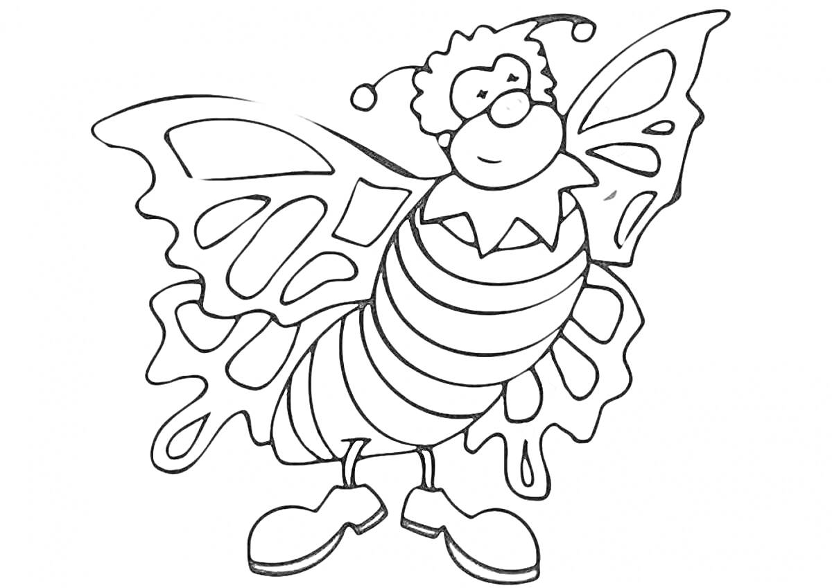 Раскраска Бабочка с человеческими чертами, в очках, с усиками и клубком лохматых волос, полосатое тело и обувь.