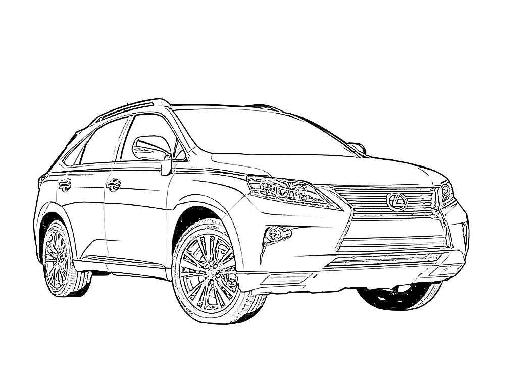 Раскраска Lexus RX, внедорожник, с деталями фар, решетки радиатора, колесами, боковыми зеркалами и дверями.
