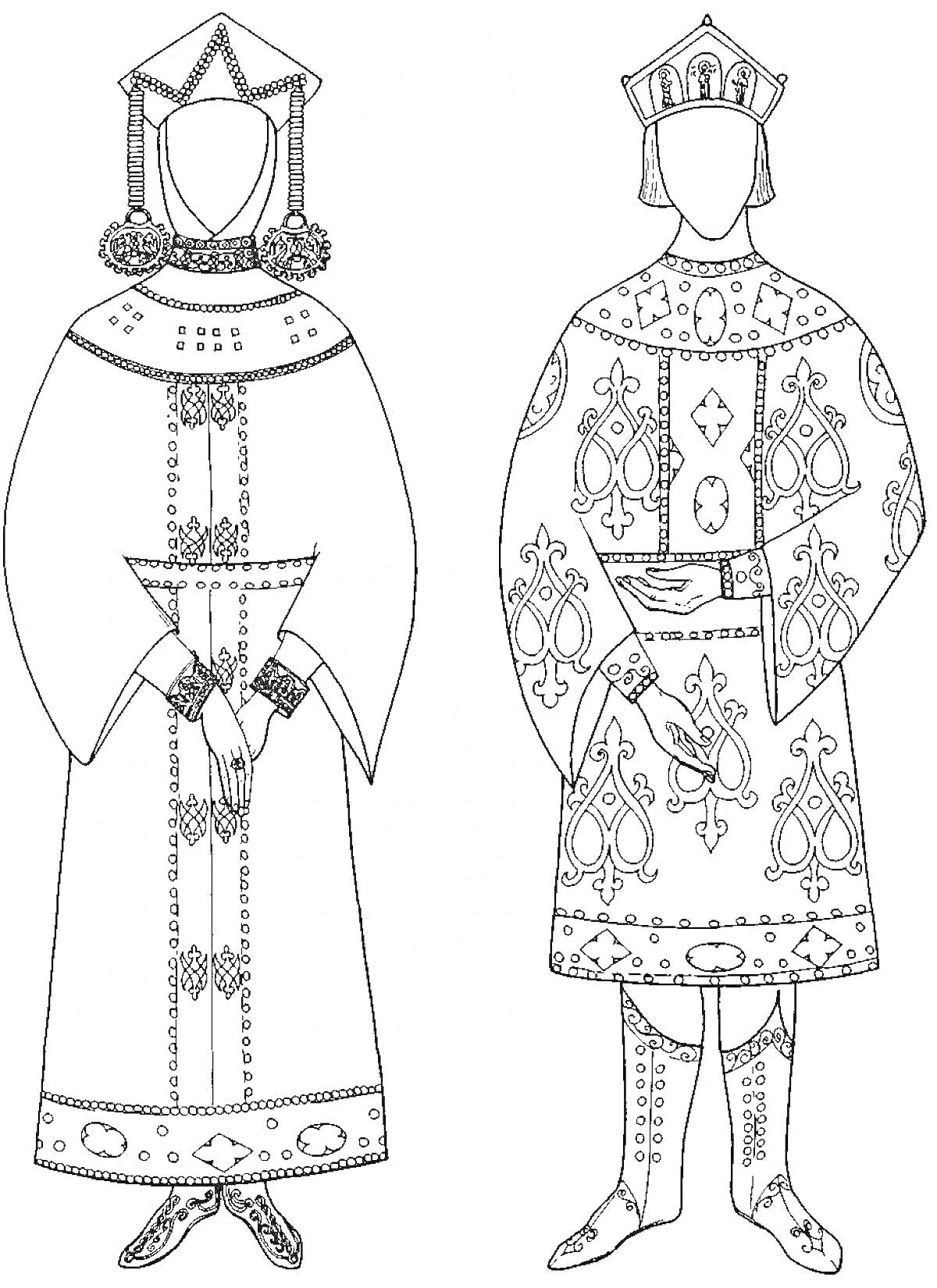 Раскраска Мужчина и женщина в русском народном праздничном костюме, узоры и детали на одежде, женский головной убор с подвесками, мужской головной убор