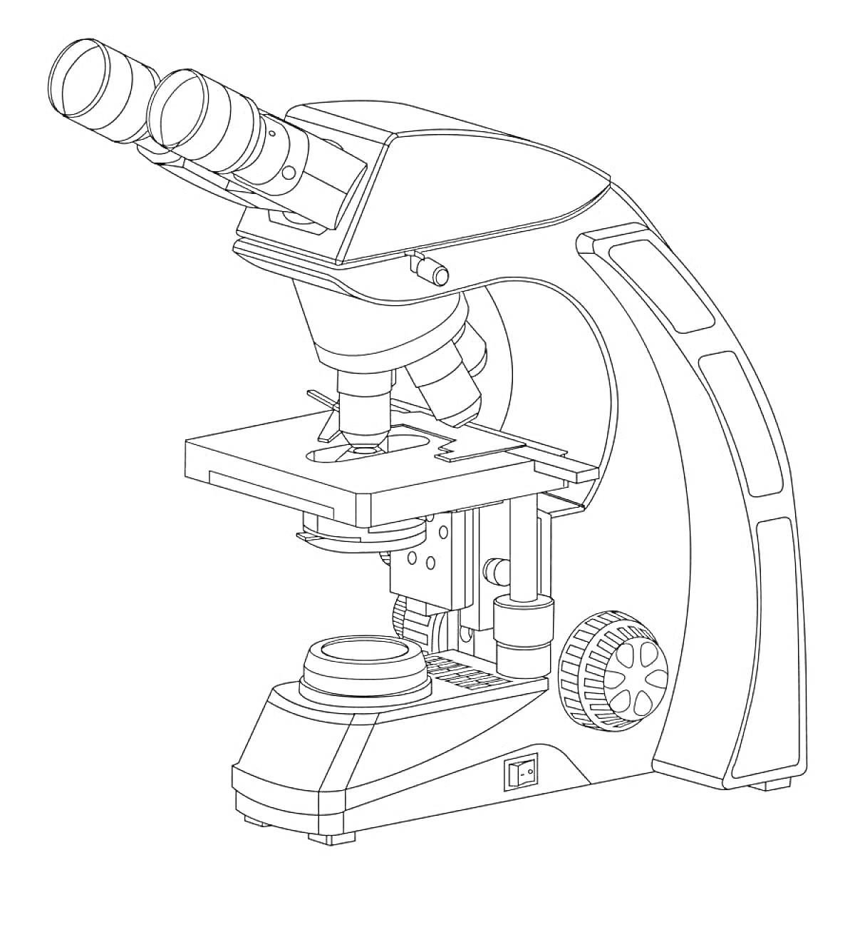 Раскраска Микроскоп с окулярами, объективом, предметным столиком, макровинтом и подставкой