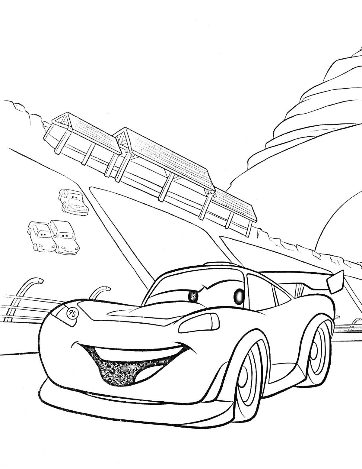 Раскраска Маквин на гоночной трассе с другими машинами и трибуной на заднем фоне