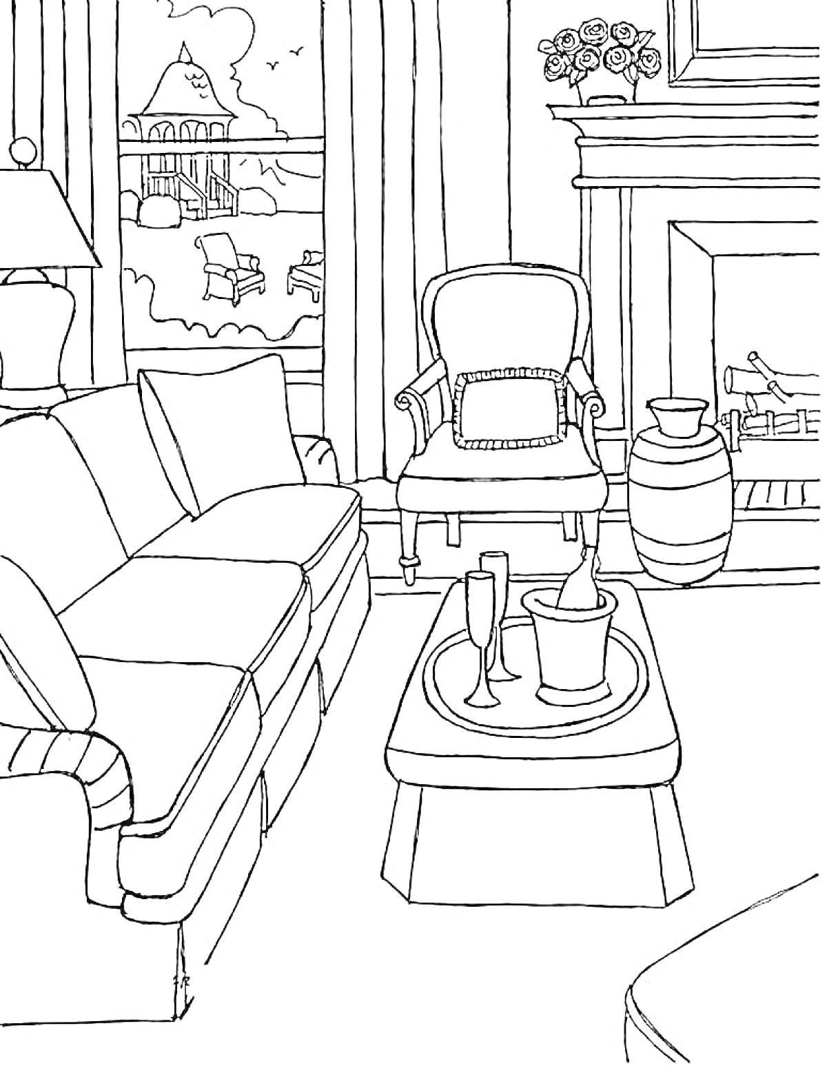  Гостиная с диваном, креслом, журнальным столиком, камином, и видом из окна