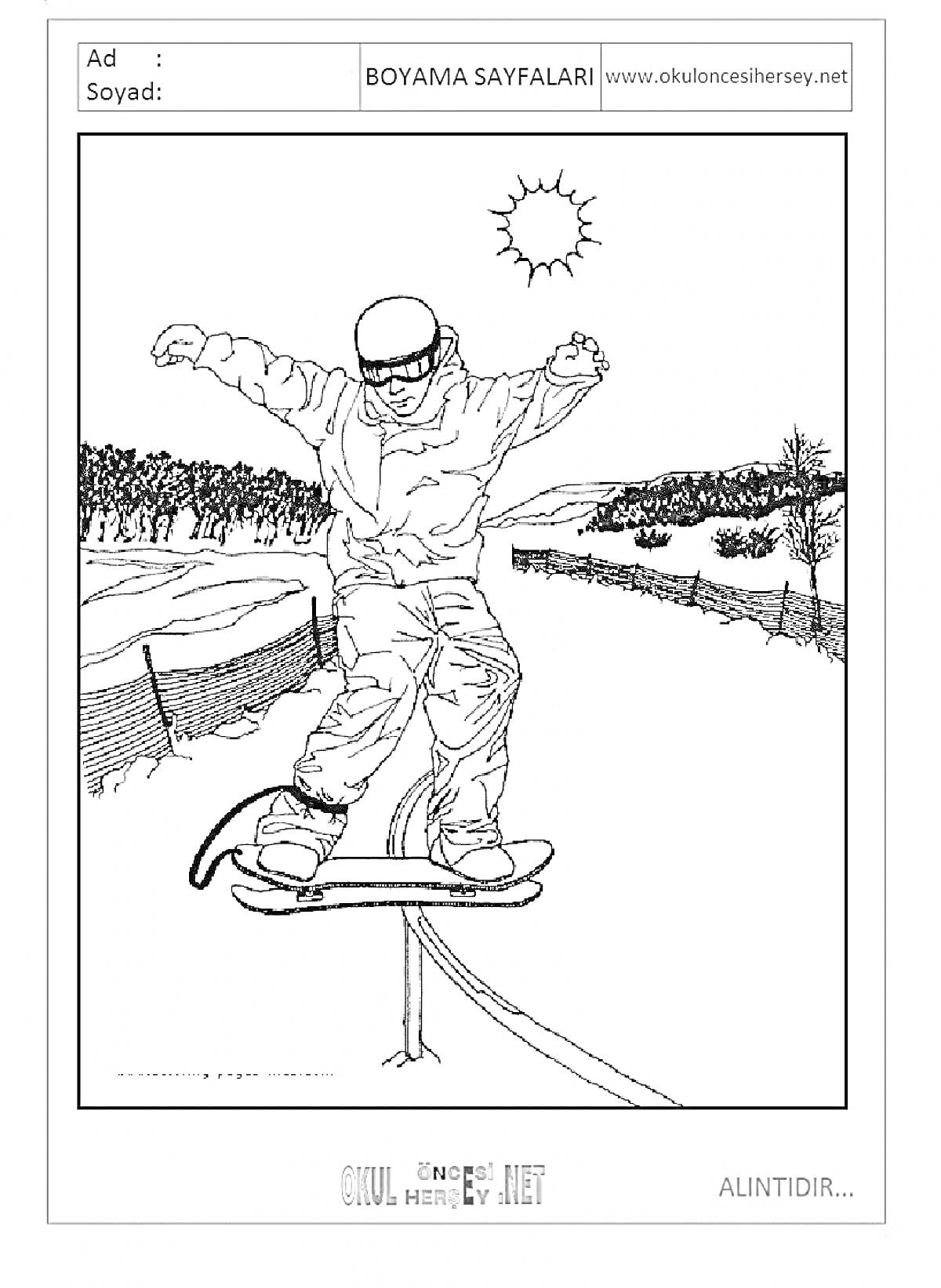 На раскраске изображено: Сноубордист, Снег, Трасса, Трюк, Зима, Спорт, Солнце