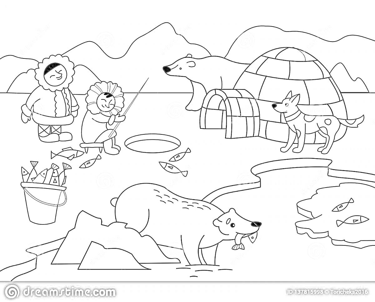 На раскраске изображено: Рыбалка, Лед, Белый медведь, Рыба, Собака, Иглу, Горы, Север, Зима