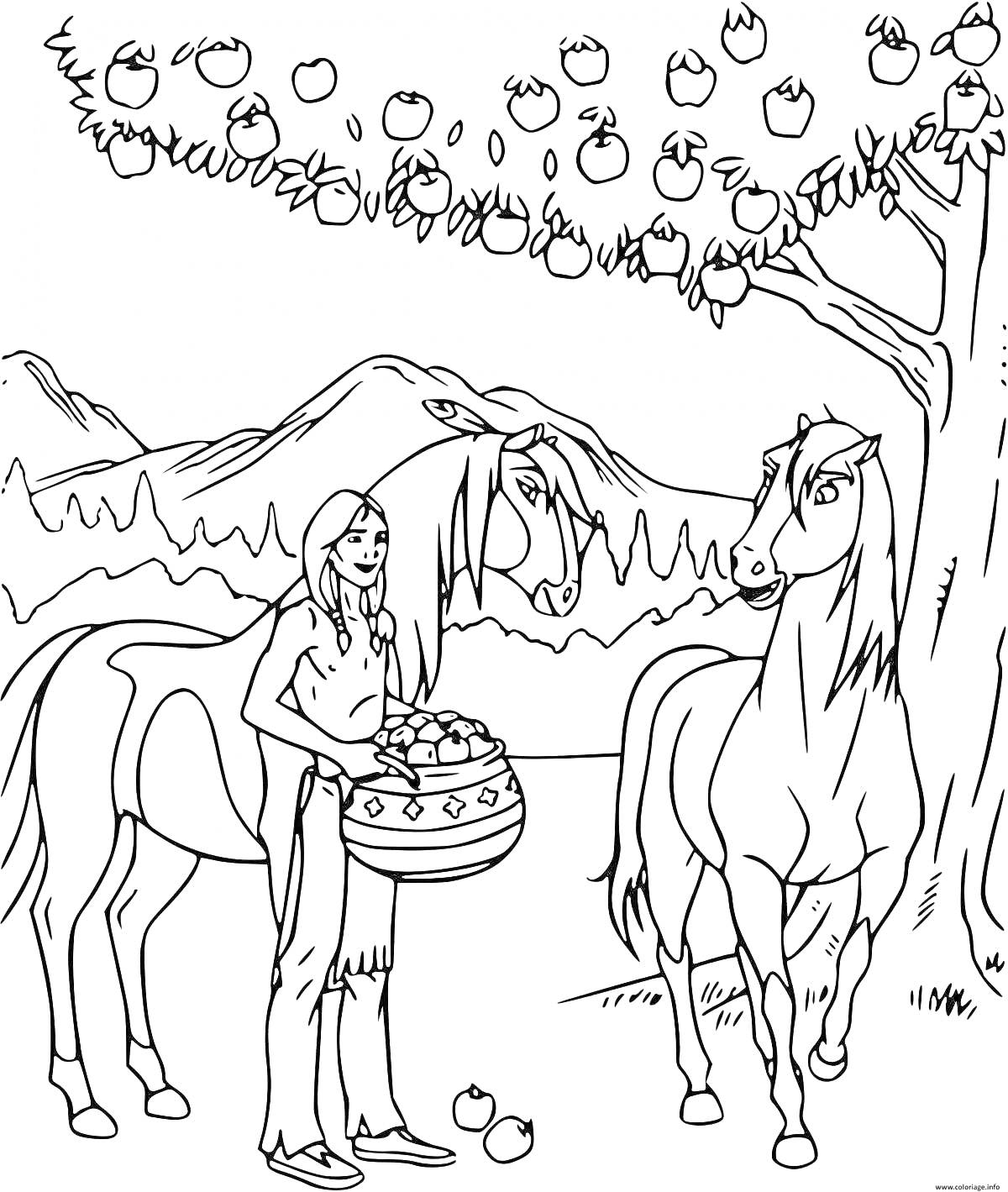 На раскраске изображено: Лошадь, Человек, Яблоня, Горы, Природа, Животные, Деревья
