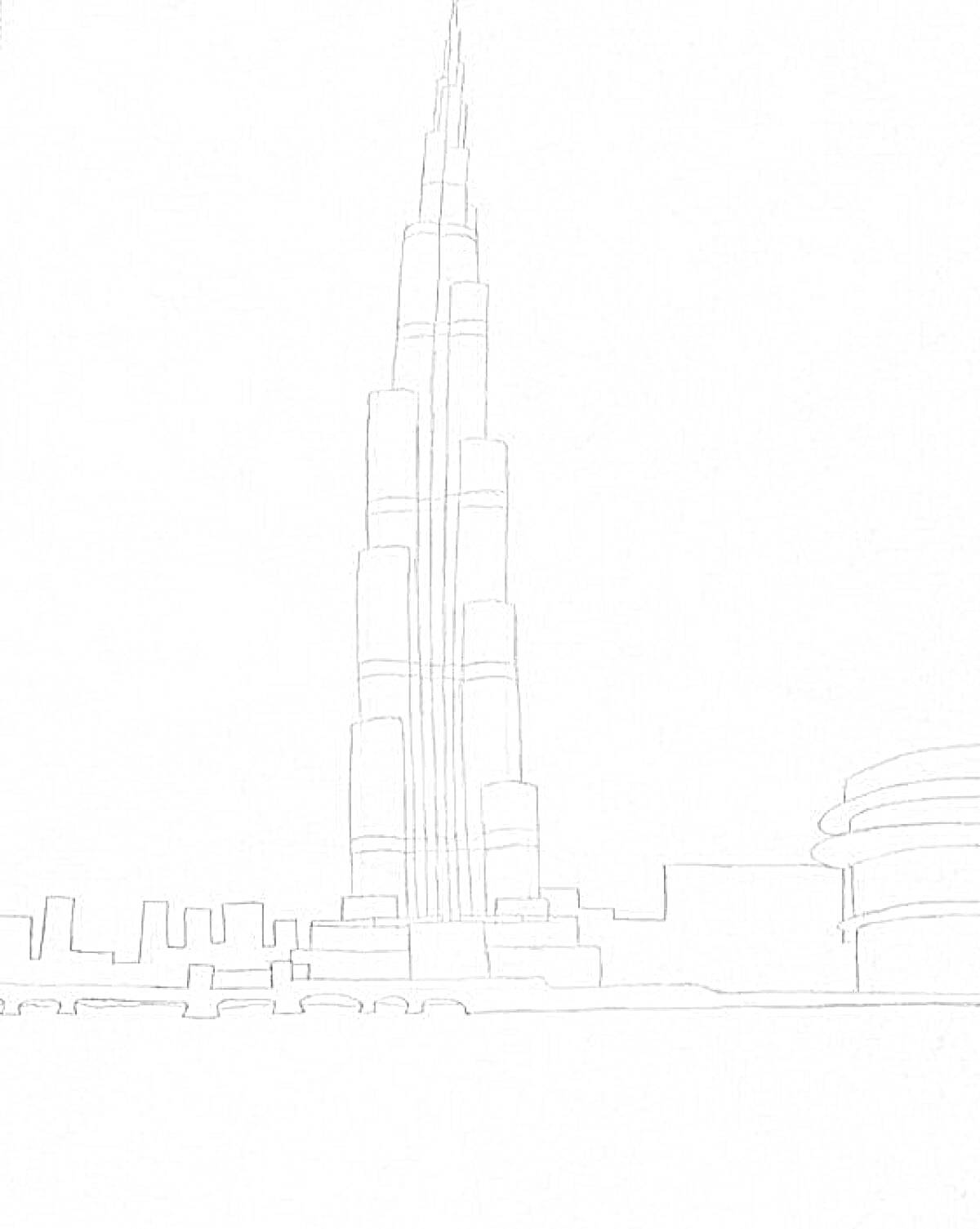Раскраска Бурдж Халифа с элементами окружающего ландшафта