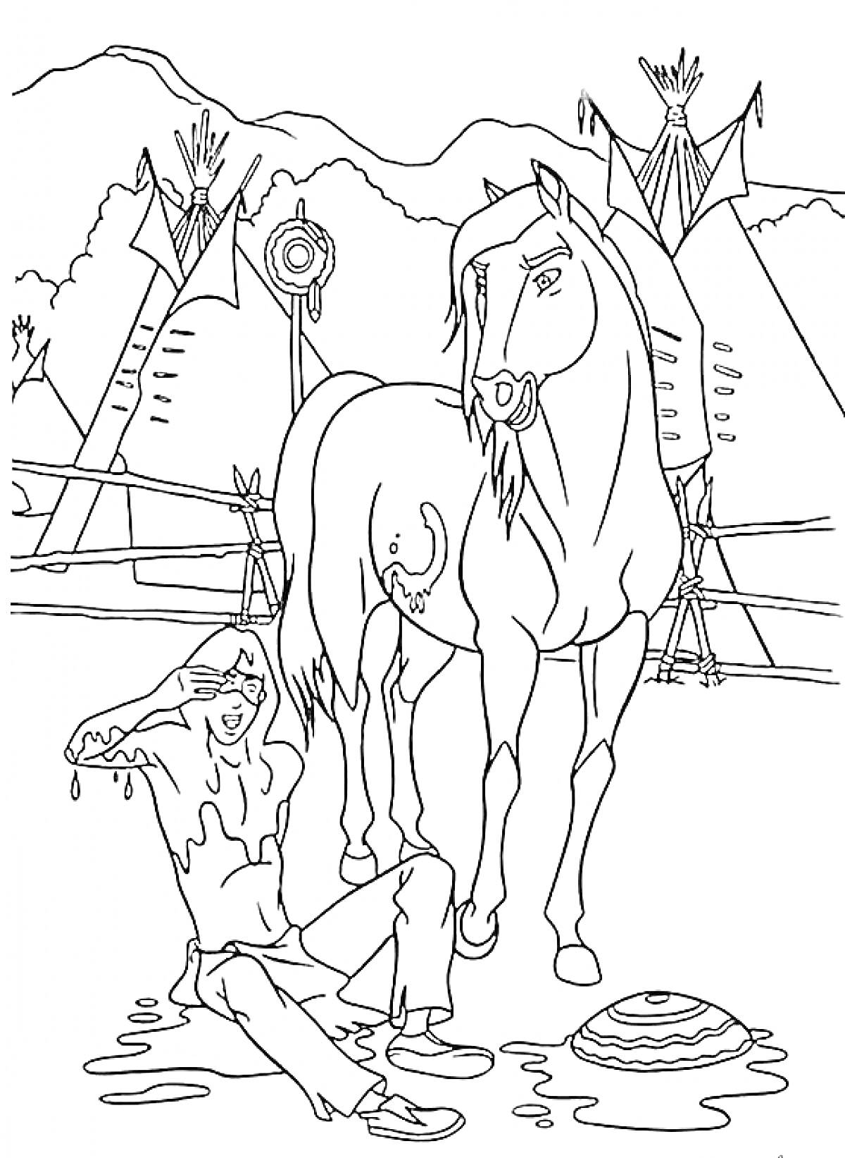Раскраска Человек, подстриженный конь, вигвамы, горы, забор, лужи