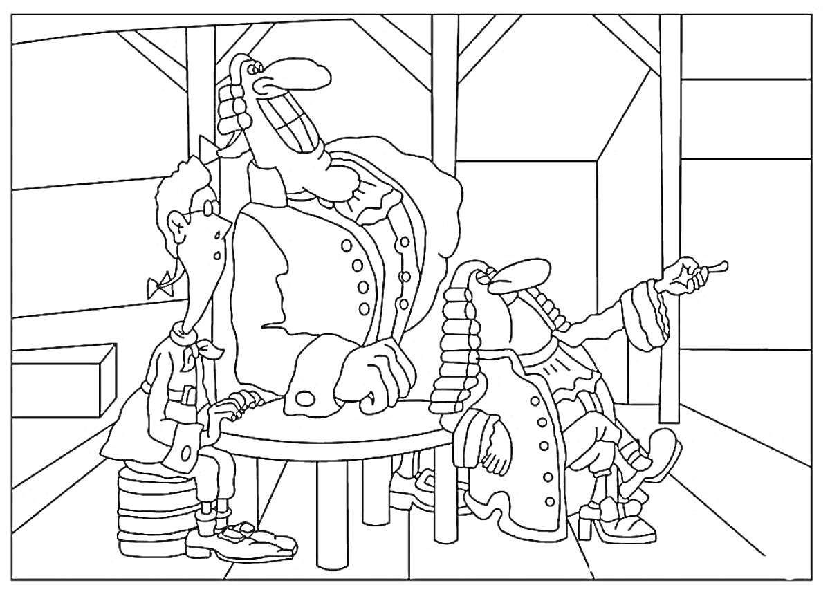 На раскраске изображено: Доктор Ливси, Три персонажа, Исторические костюмы, Стол, Комната, Кресло, Треуголка