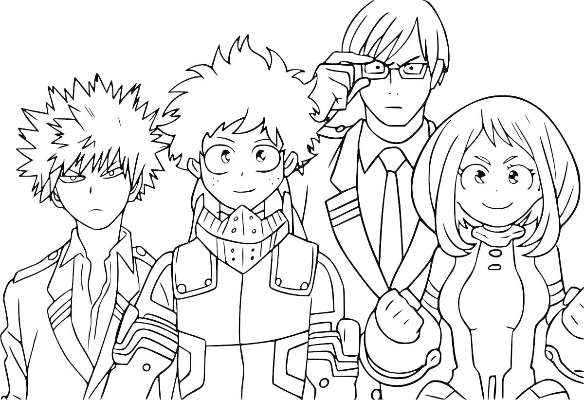 Раскраска Четыре персонажа в костюмах из аниме