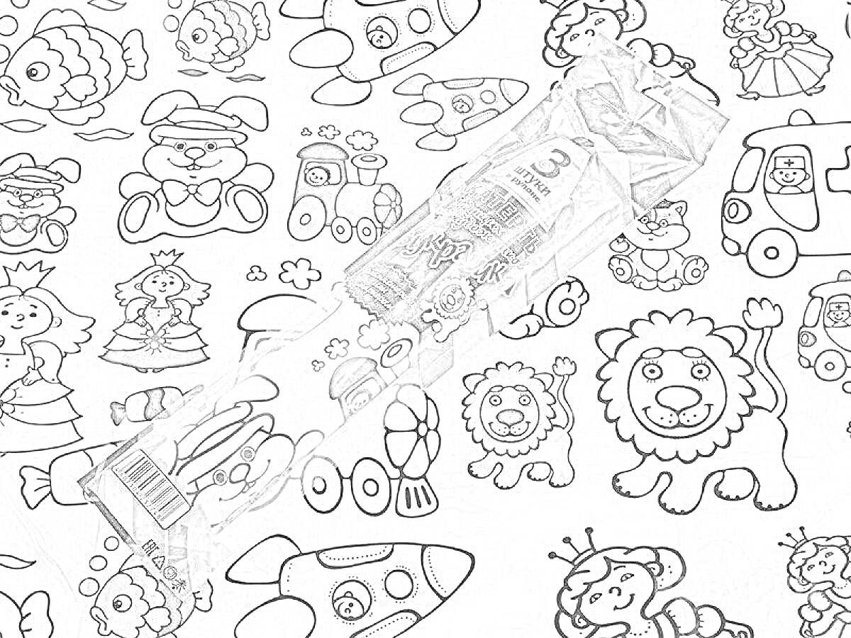 Раскраска Раскраска-скатерть для детей с машинами, кораблями, животными, персонажами и сладостями
