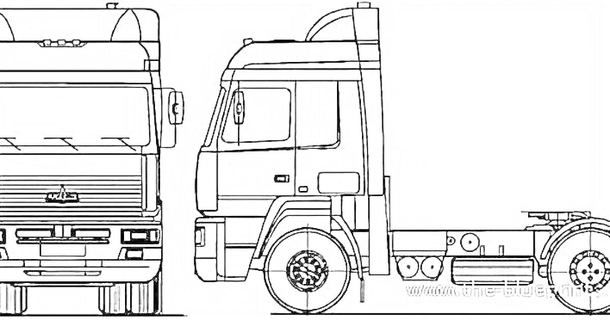 Раскраска Грузовик МАЗ, вид спереди и сбоку с детализацией кабины и шасси