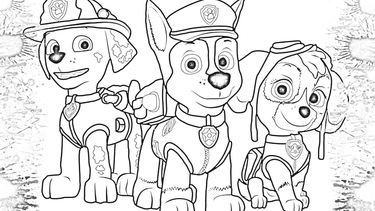 На раскраске изображено: Paw Patrol, Три персонажа, Форма, Радужный фон