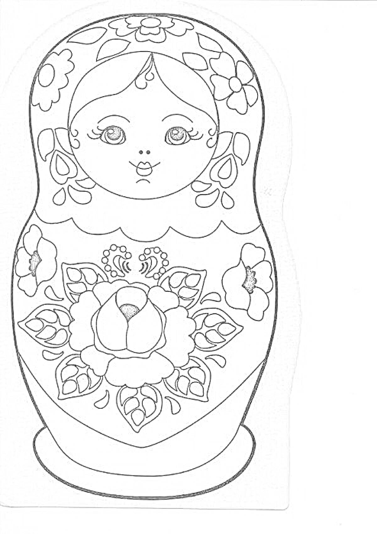 Раскраска матрешка с городецкой росписью, цветочный орнамент на груди, цветочный узор на голове