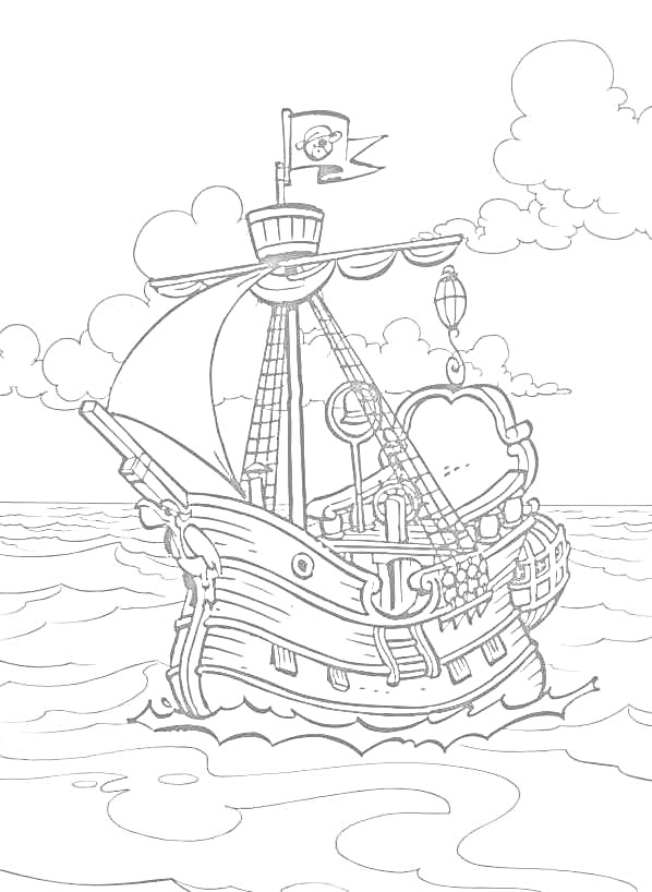 Пиратский корабль с парусами, пиратским флагом, палубой и морем на заднем плане