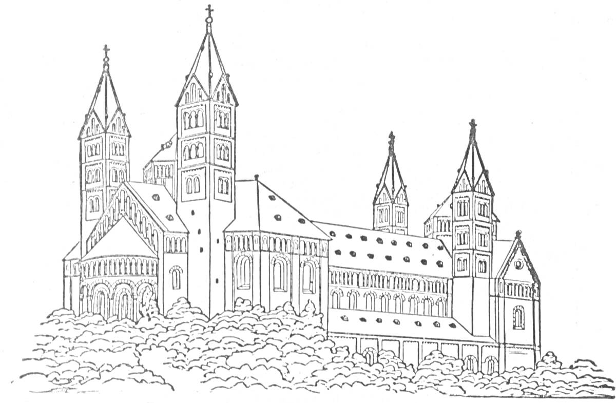 Раскраска Готический замок с высокими башнями и окружающим лесом