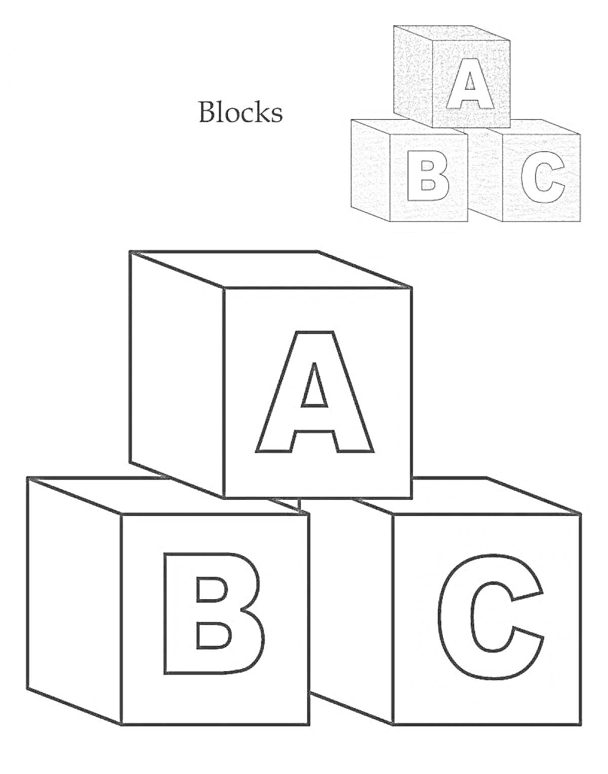 На раскраске изображено: Кубики, Буквы, Алфавит, Учеба, Развивающие игрушки