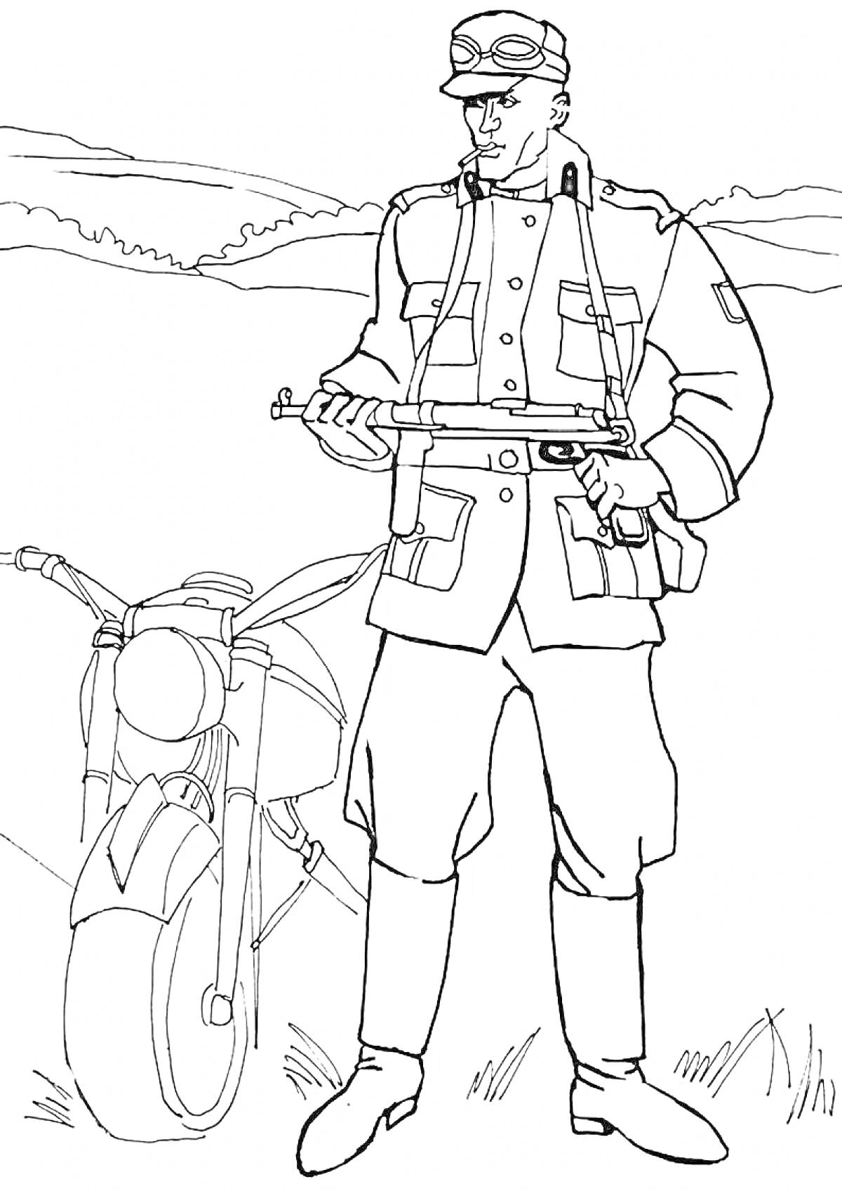 На раскраске изображено: Солдат, Немецкий, Мотоцикл, Военное снаряжение, Оружие, Поле, Война