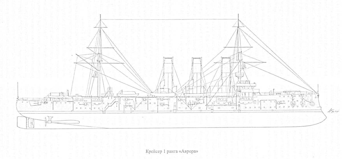 На раскраске изображено: Крейсер, Аврора, Корабль, Флот, Морская техника, Вооружение