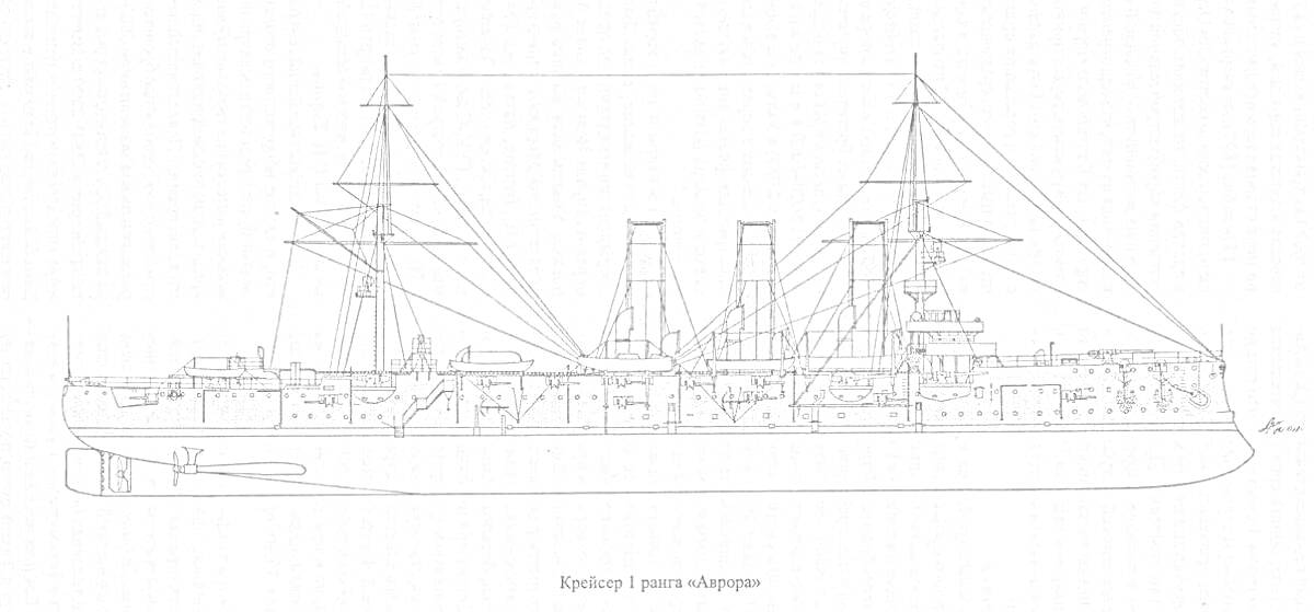 Чертеж крейсера Аврора, боковой вид с деталями корпуса, труб, мачт и вооружения