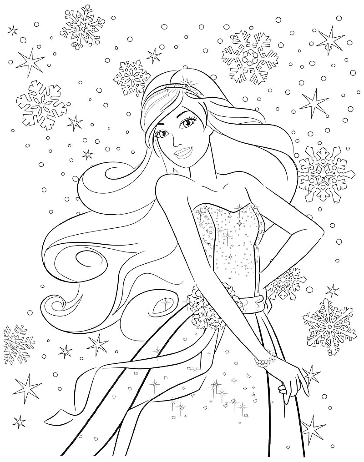 На раскраске изображено: Принцесса, Платье, Снежинки, Звезды, Длинные волосы, Узоры, Зима, Красивые, Праздники