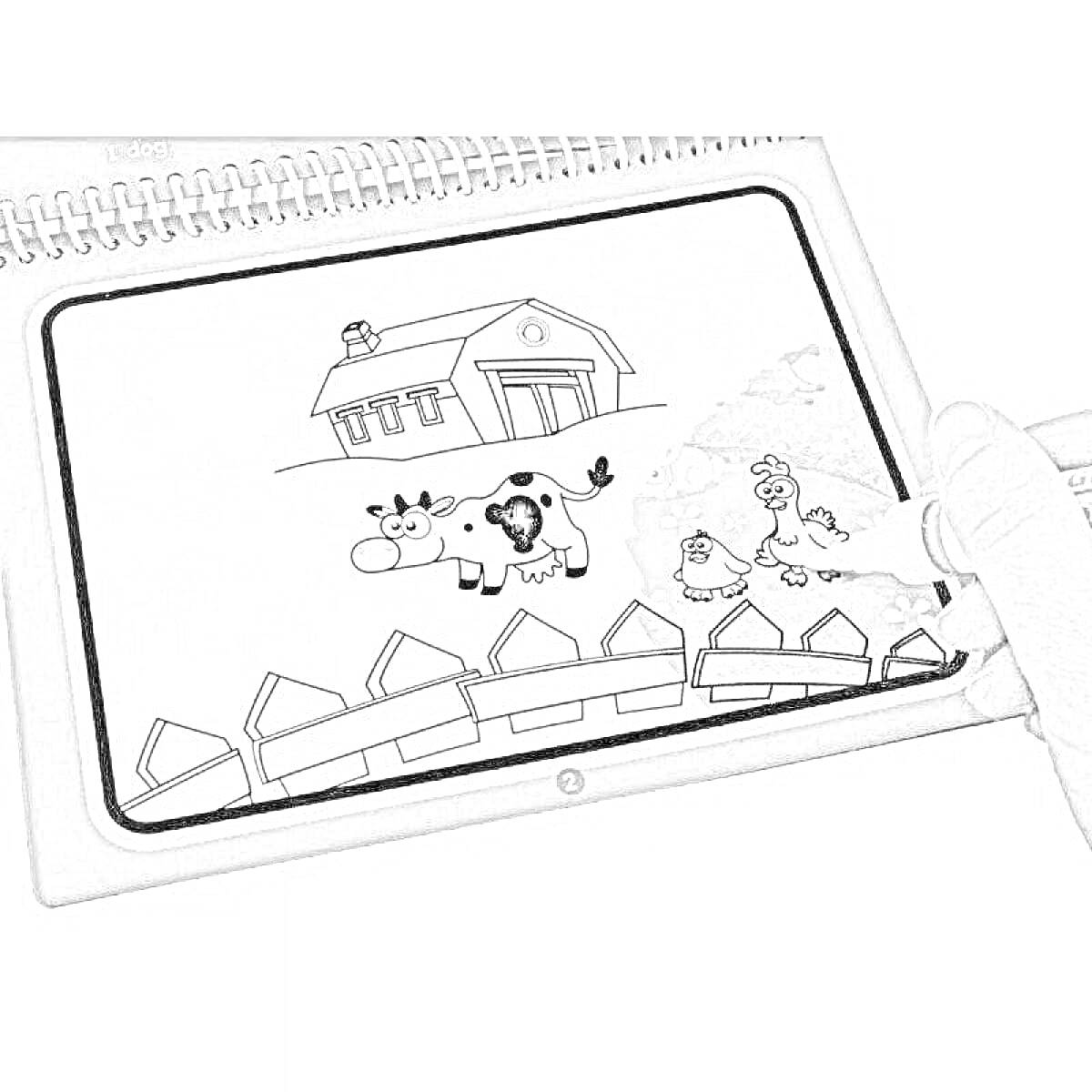 Раскраска Многоразовая водная раскраска с фломастером: домик, корова, забор, две курицы, деревья