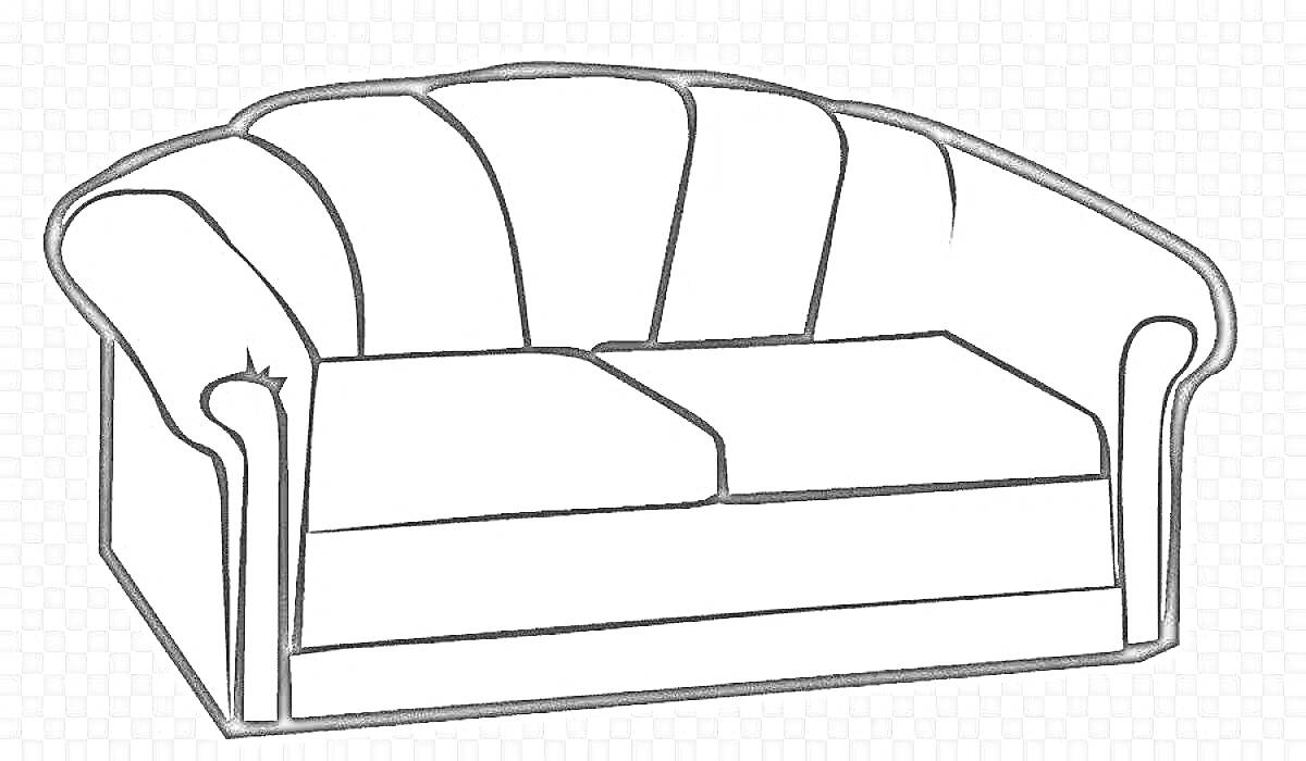 На раскраске изображено: Диван, Мебель, Средняя группа, Два сиденья, Интерьер, Мягкая мебель