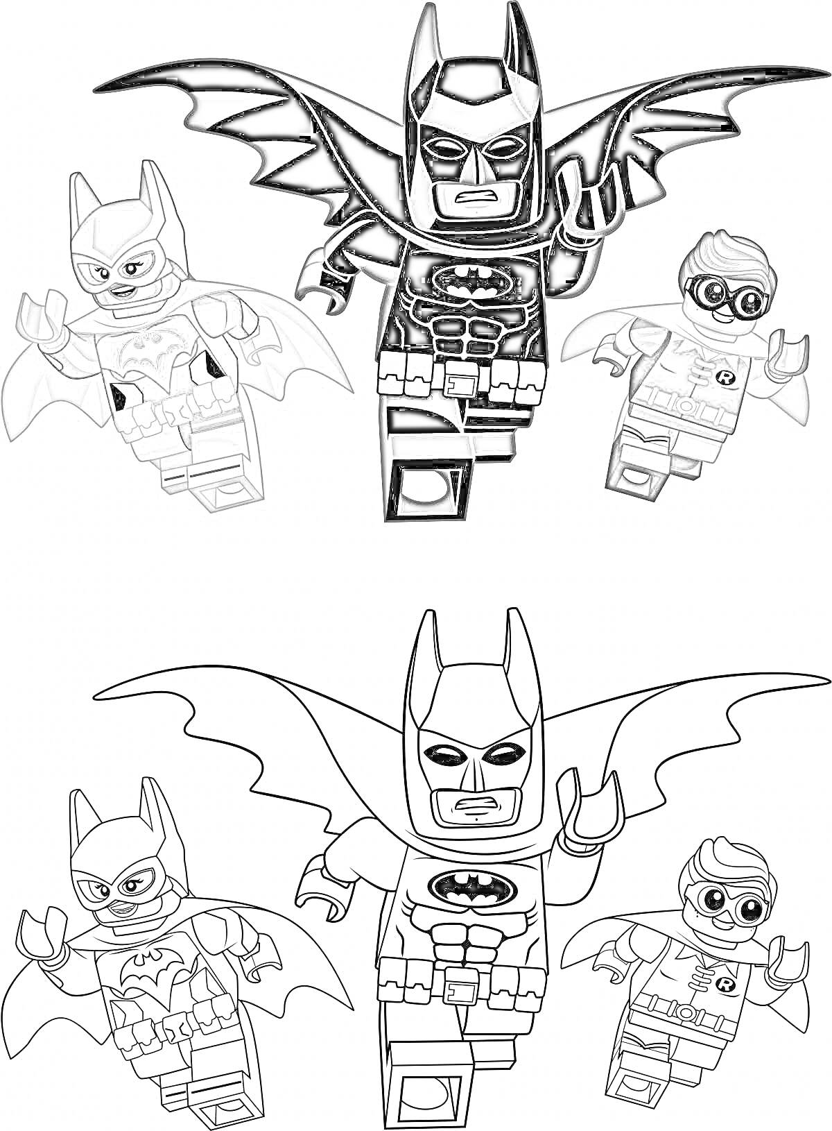 На раскраске изображено: Лего, Бэтмен, Супергерои, Фигуры, Игрушки, Летящие