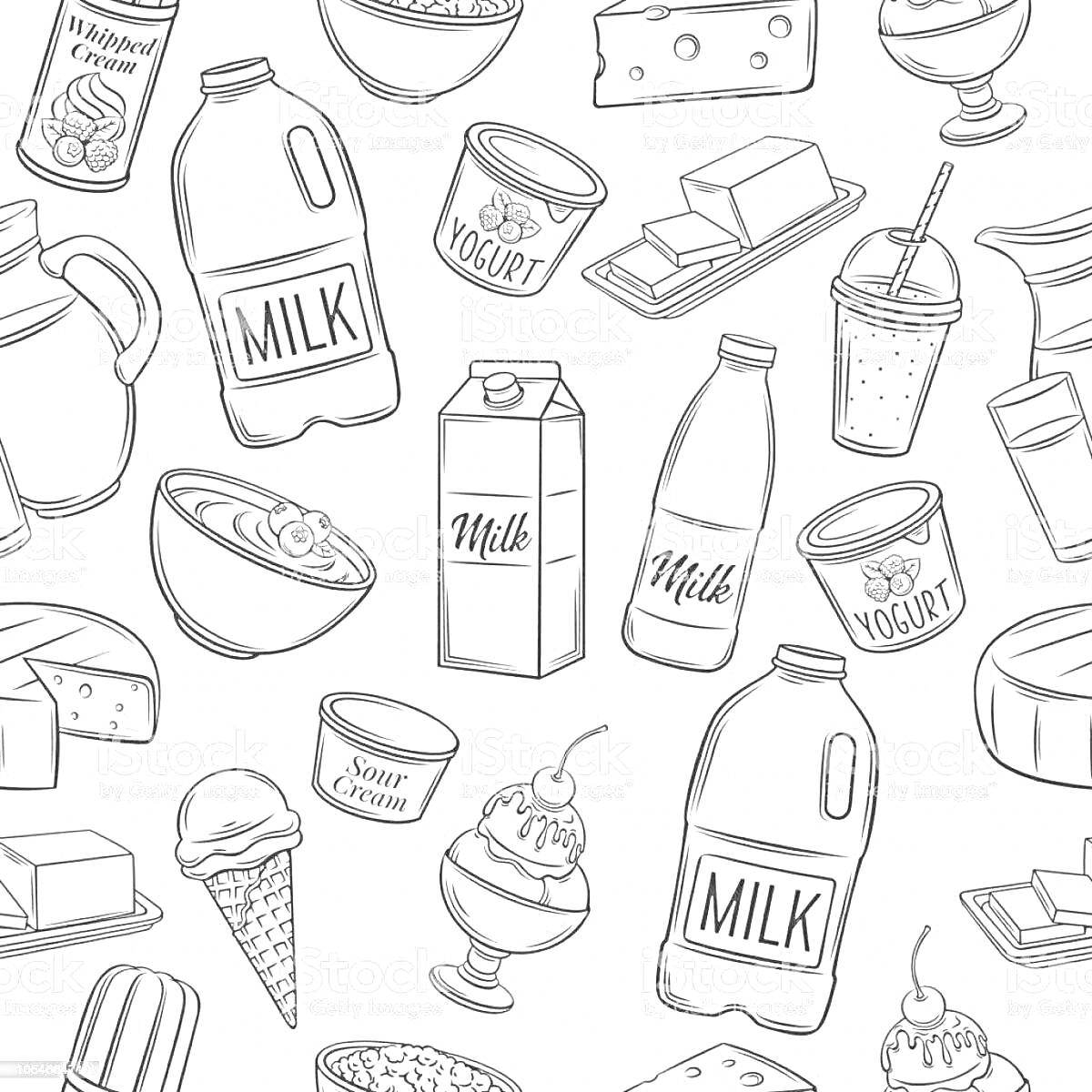 Раскраска Молочные продукты (молоко в бутылках и картоне, йогурт, сыр, масло, мороженое, творог)