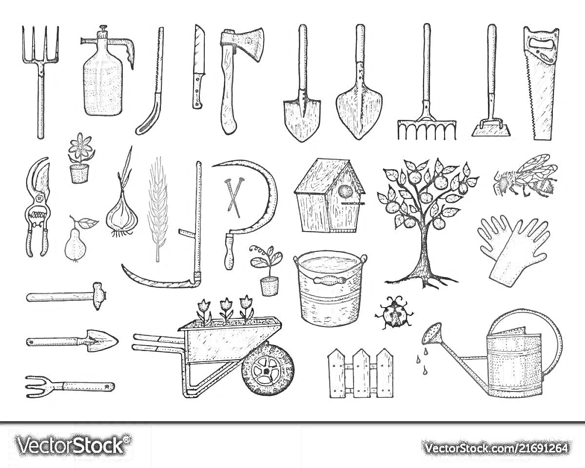 На раскраске изображено: Садовый инвентарь, Лейка, Грабли, Лопата, Секатор, Сарай, Садоводство, Перчатки, Забор, Пила, Плуг, Нож, Ножницы, Ветка