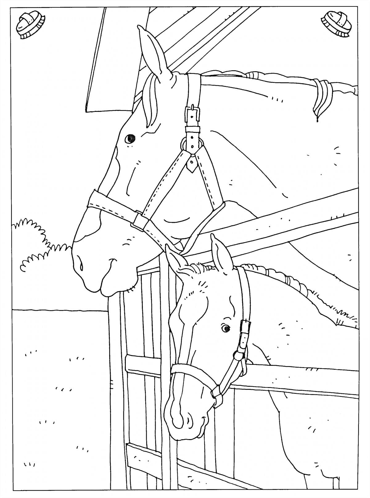 Раскраска Лошади в конюшне, взрослая лошадь и жеребёнок выглядывают из стойла, деревянные конструкции, светильники на потолке, кустарники на заднем плане